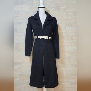 Moda International Black Long Wool Blend Sweater Coat Bow Detail Waist 90s Y2K M